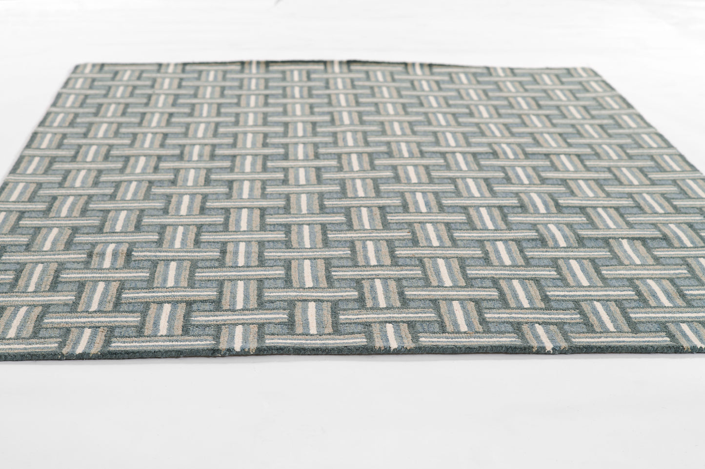 Rectangular blue-gray geometric woven area rug with cream accents; modern basket weave.