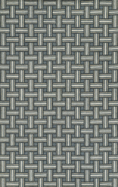 Blue-gray basketweave fabric with interlaced strips forming a textured upholstery weave.