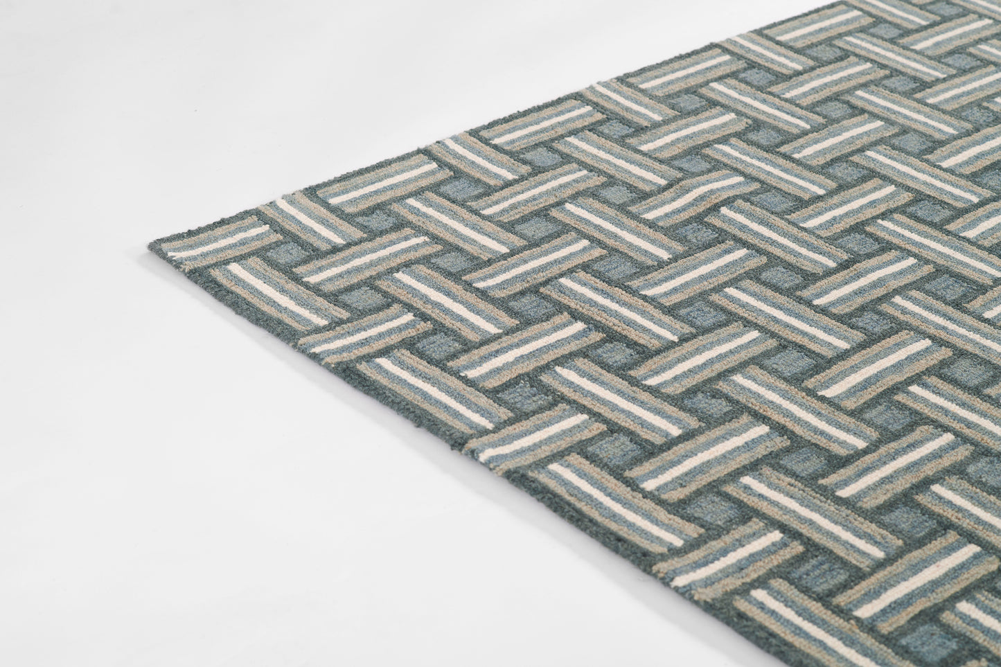 Blue-gray and white woven basketweave rug, rectangular textured floor mat with a coastal, modern look.