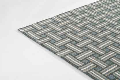 Blue-gray and white woven basketweave rug, rectangular textured floor mat with a coastal, modern look.