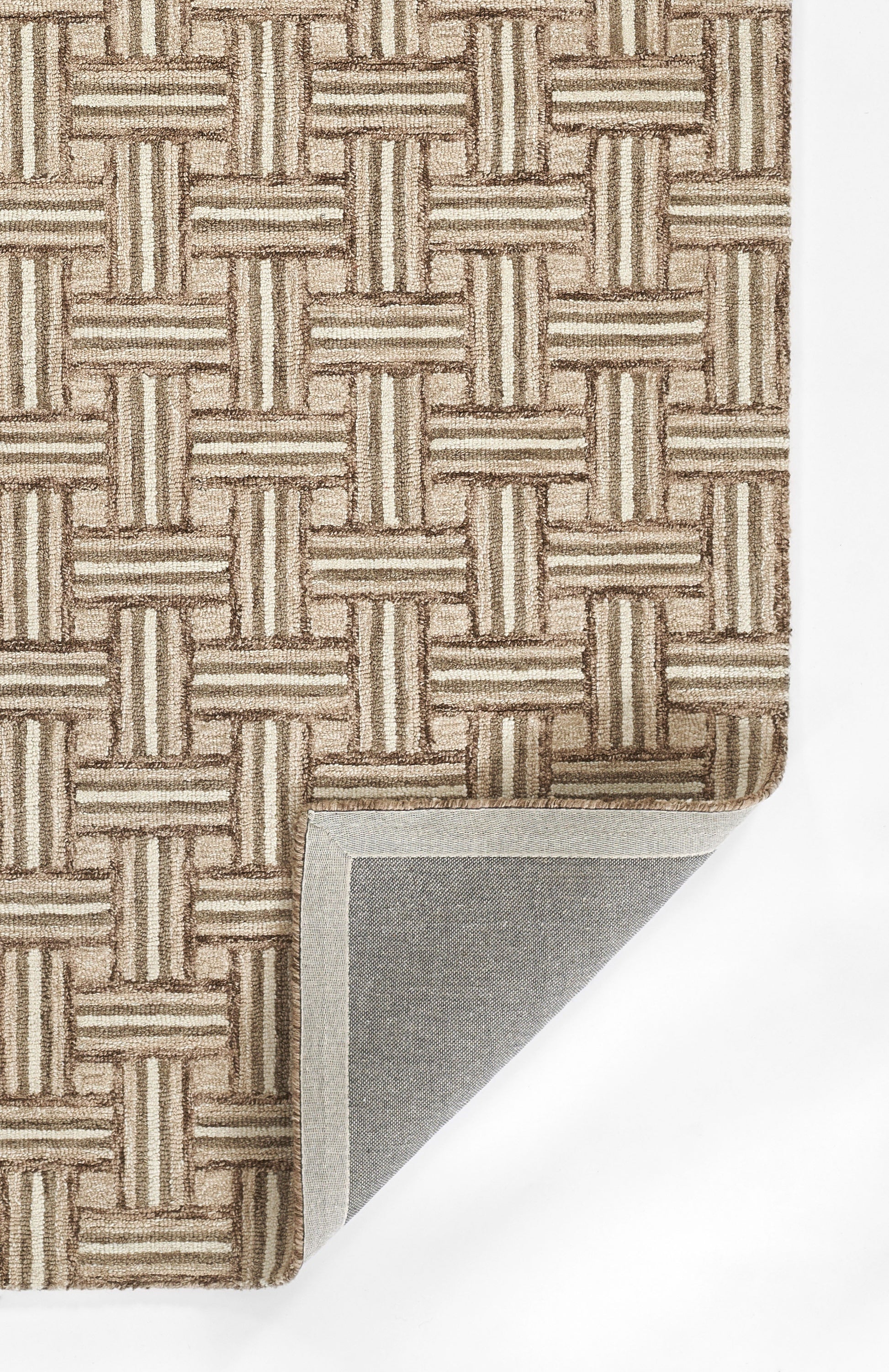 Brown and tan basket-weave textured rug with gray backing visible at the corner.