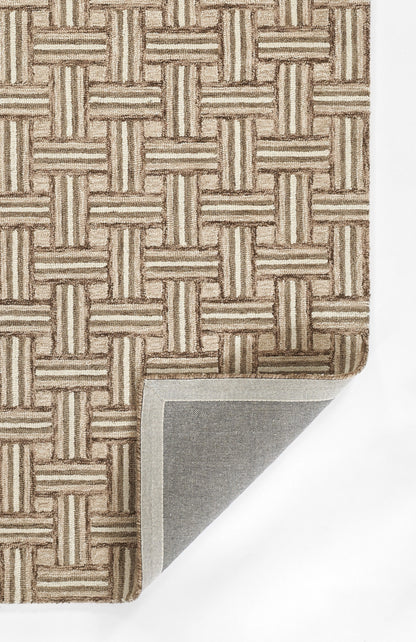 Beige-brown basketweave rug with a folded corner revealing gray backing.
