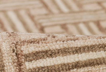 Beige & taupe striped wool rug with textured loop pile; cozy, rustic farmhouse style.