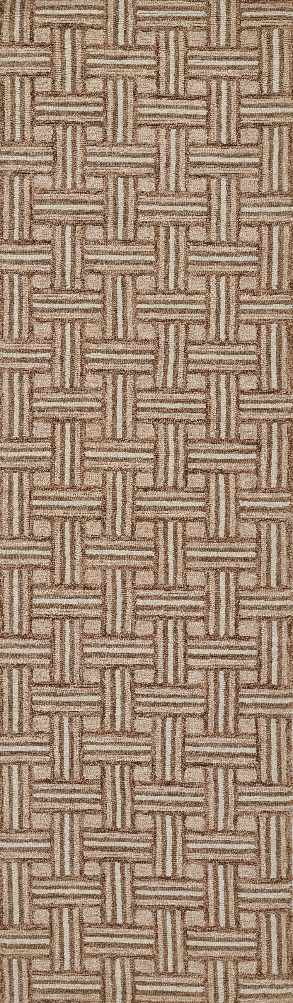 Tan and beige basket-weave pattern with interlaced strips, a textured woven fabric look.
