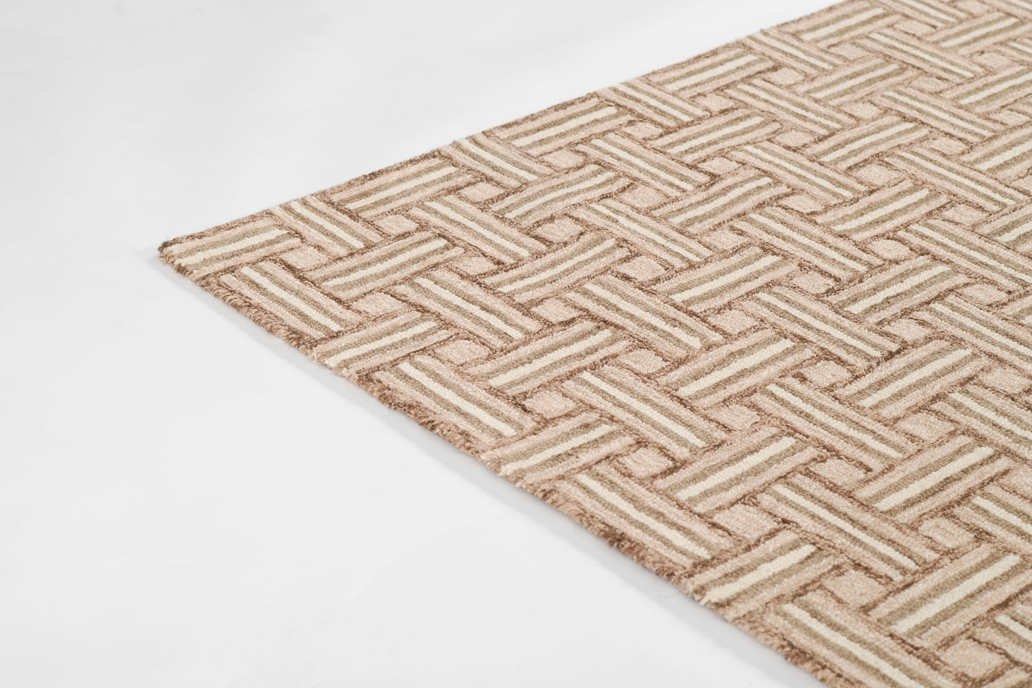 Beige woven rug with tan basket-weave geometric pattern; rectangular, textured floor covering.