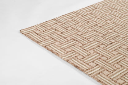 Beige woven rug with tan basket-weave geometric pattern; rectangular, textured floor covering.