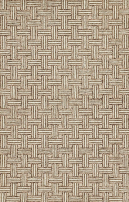 Beige and tan woven basket-weave fabric texture with interlocking rectangular pattern.