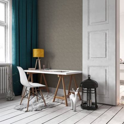Modern home office: white desk with wooden legs, white chair, mustard lamp, teal curtains, gray wall, fluffy rug, lantern.
