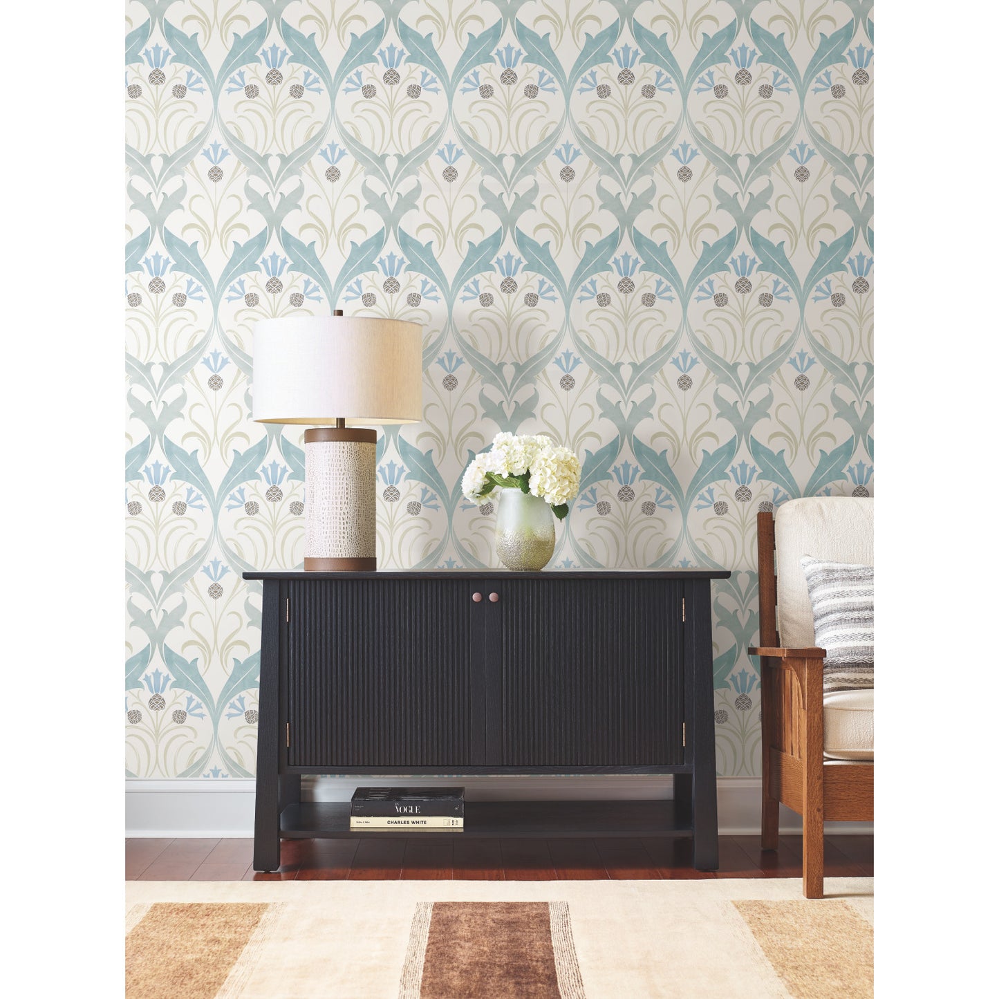 York Wallcoverings Arts and Crafts Pine Cone Ribbon Teal Wallpaper  Florals and Flowers Blues  Wallpaper - AC9171