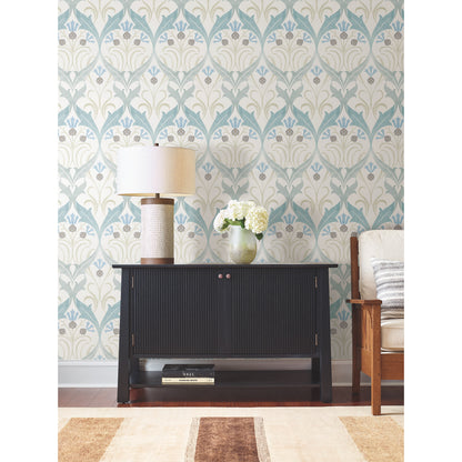 York Wallcoverings Arts and Crafts Pine Cone Ribbon Teal Wallpaper  Florals and Flowers Blues  Wallpaper - AC9171