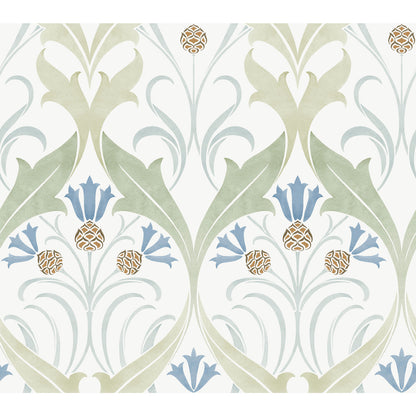 York Wallcoverings Arts and Crafts Pine Cone Ribbon Green and Blue Metallic Wallpaper  Florals and Flowers Blues  Wallpaper - AC9173
