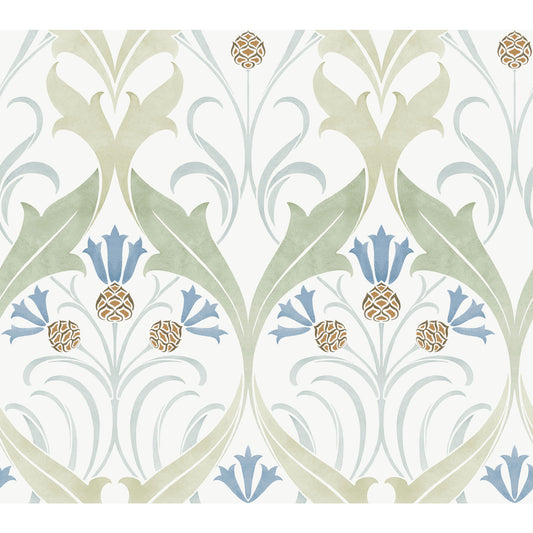 York Wallcoverings Arts and Crafts Pine Cone Ribbon Green and Blue Metallic Wallpaper  Florals and Flowers Blues  Wallpaper - AC9173