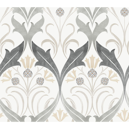 York Wallcoverings Arts and Crafts Pine Cone Ribbon Charcoal Metallic Wallpaper  Florals and Flowers Greys  Wallpaper - AC9174