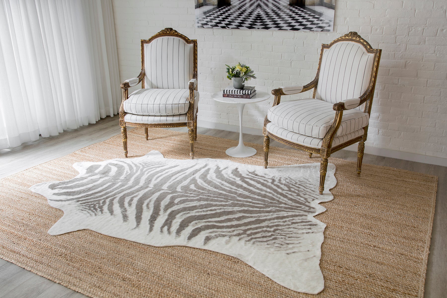 Momeni Acadia grey zebra animal print area rug sold by Primoends, modern machine-made rug with acrylic and polyester fibers, faux suede backing, stylish contemporary rug for living room or bedroom decor