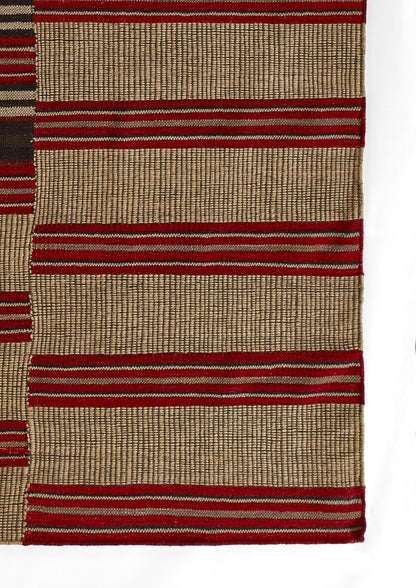 Beige woven jute-like rug with bold red horizontal stripes; rustic handmade hallway runner.