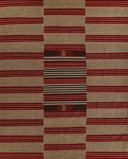 Flatwoven natural fiber rug with beige base and bold red stripes, featuring a central multicolor band.