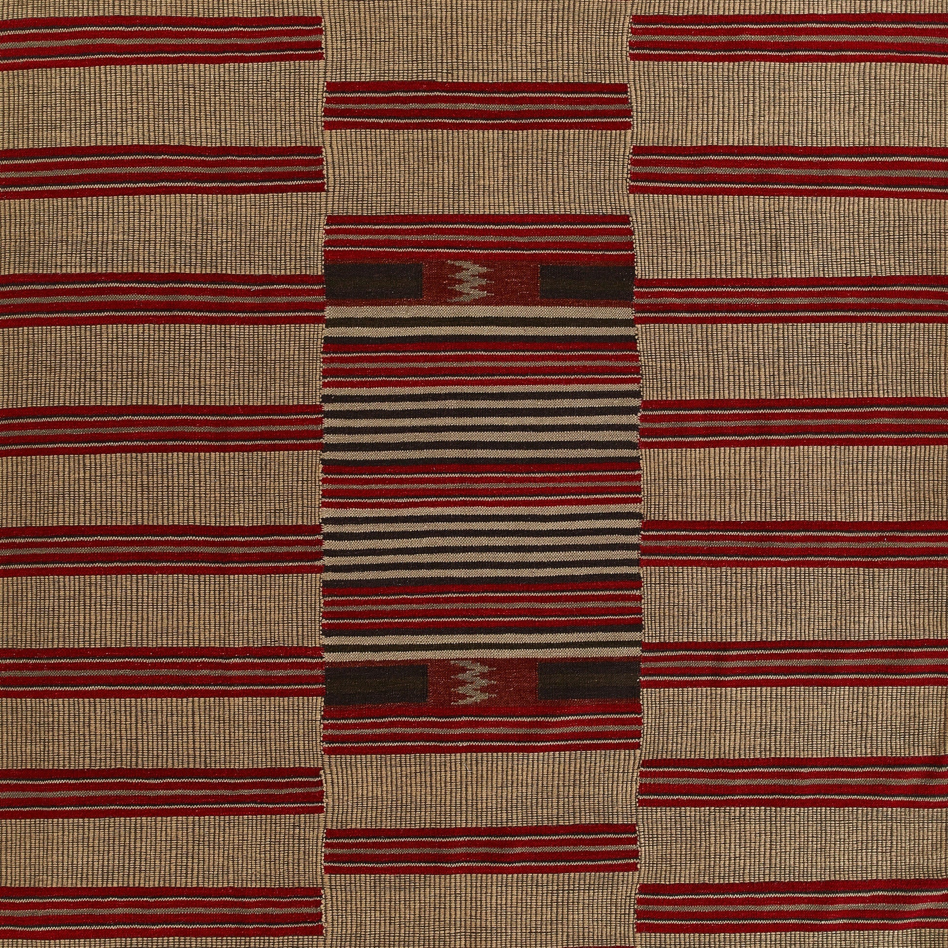 Beige flat-weave rug with bold red horizontal stripes and a central vertical panel of burgundy, gray, and black stripes.