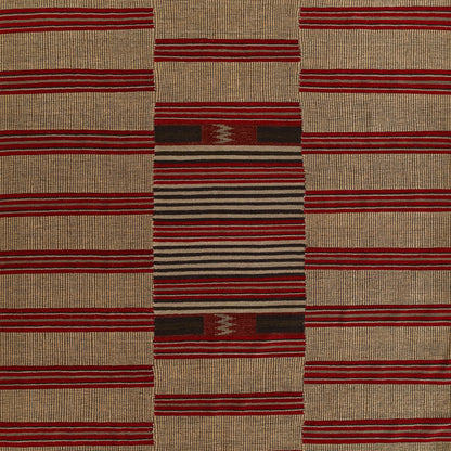 Beige woven rug with red stripe motif and a central geometric panel of brown, gray and red stripes with diamond accents.