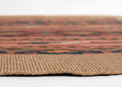 Beige fringe edge on kilim-style rug with red, brown & black geometric stripes.