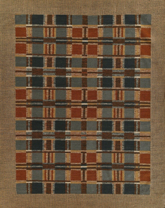 Woven rectangular rug with plaid grid in rust, navy, charcoal, tan and blue-gray; earthy tones.