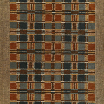 Woven plaid area rug in rust orange, slate blue, gray and tan with a beige border.