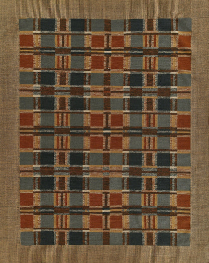 Woven area rug featuring a grid of small rust, navy, gray, black, and tan squares; striped accents on a natural beige ground.