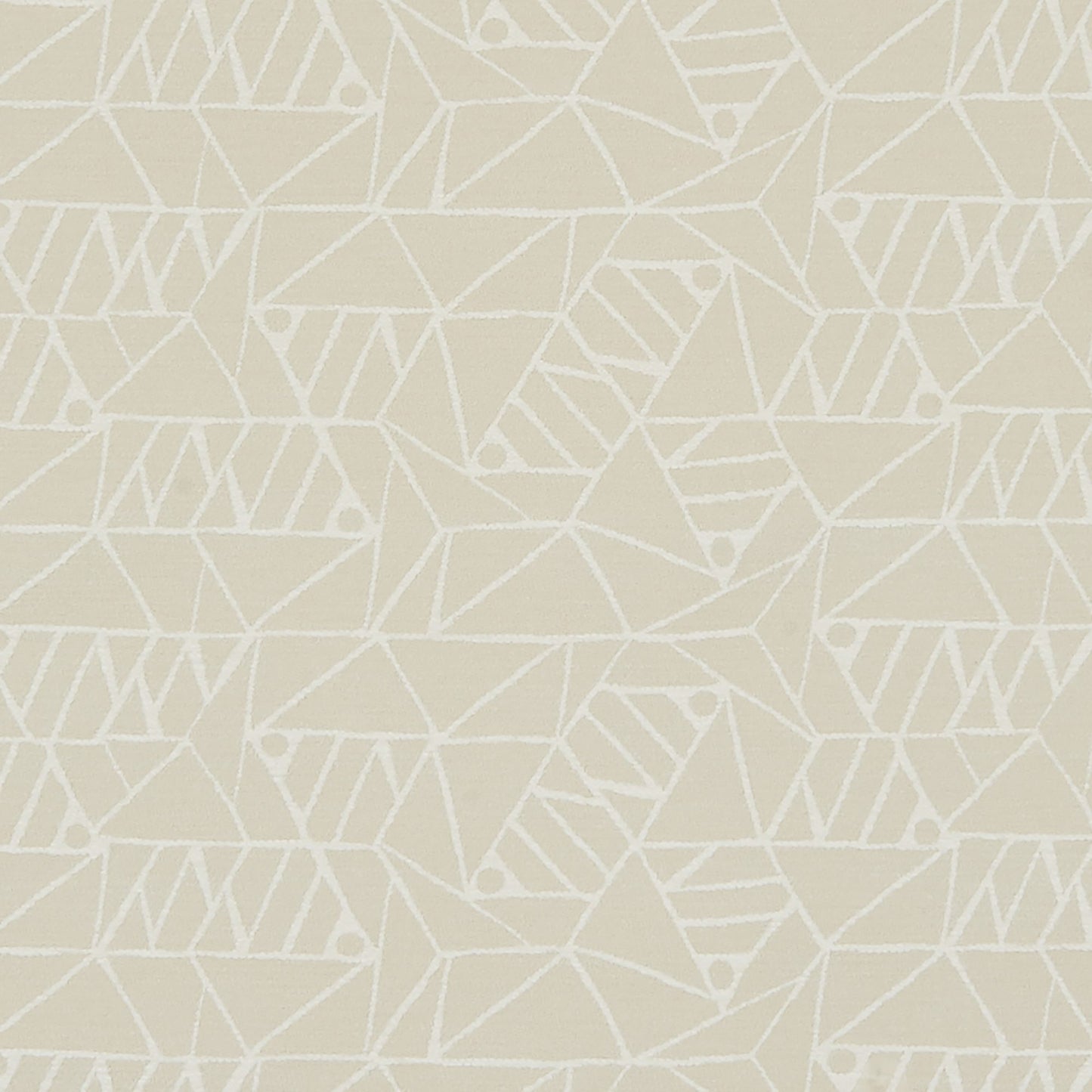 Beige/creme chenille fabric with an all-over white geometric triangle pattern and tiny dot accents.