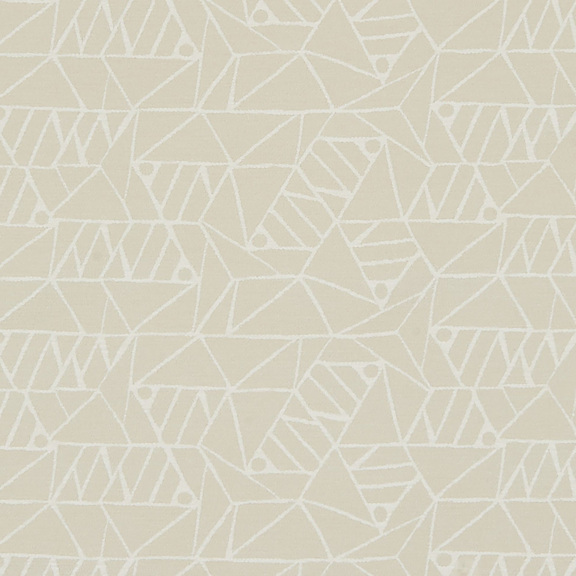 Beige/creme chenille fabric with an all-over white geometric triangle pattern and tiny dot accents.