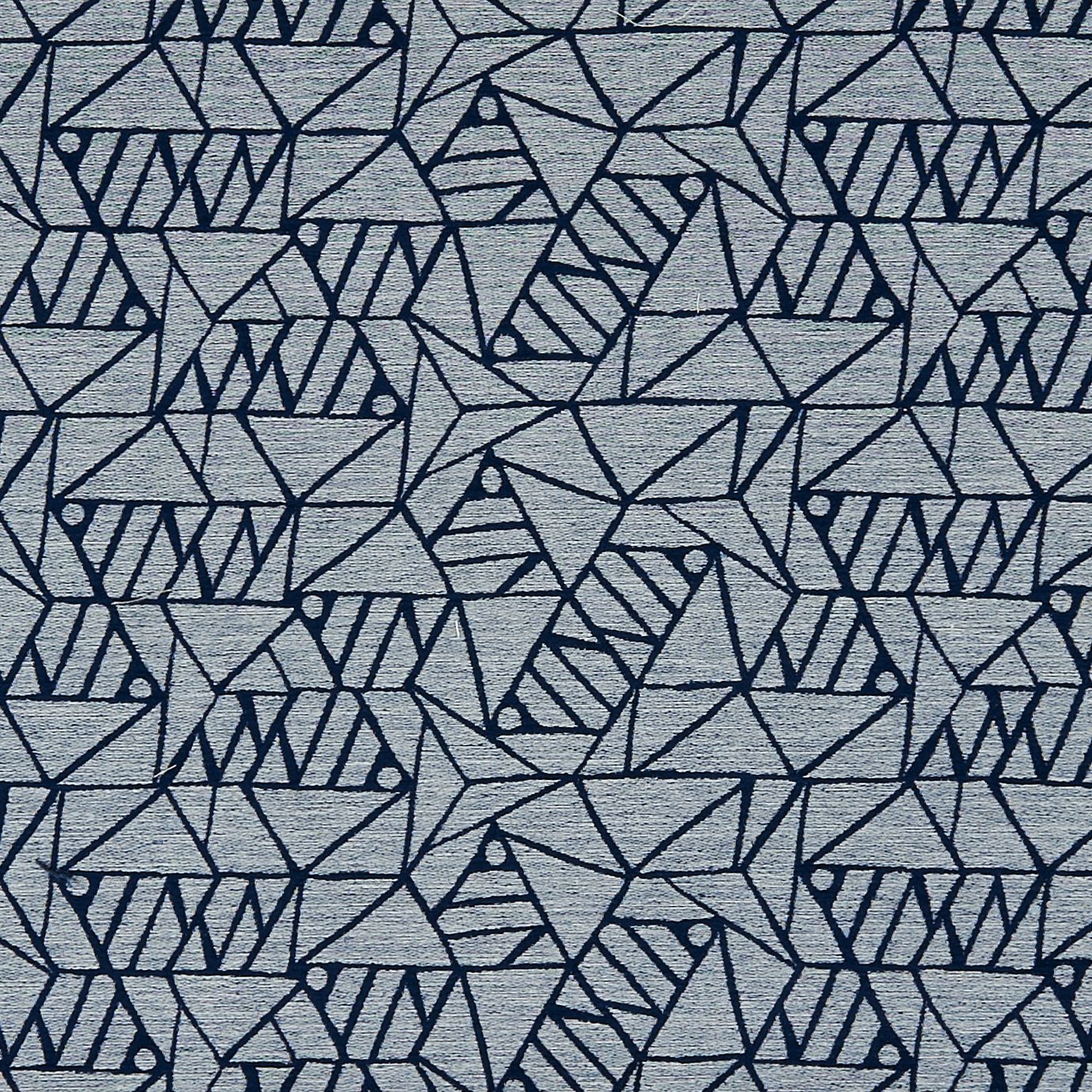 Blue-gray chenille fabric featuring repeating geometric triangles with striped interiors and subtle dot accents.