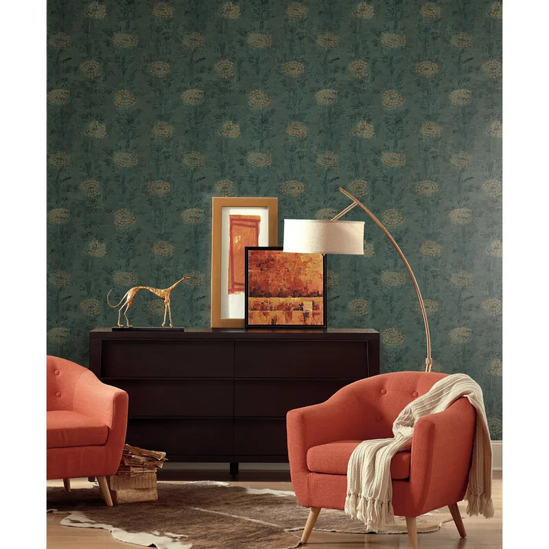 French Marigold floral wallpaper in teal green and gold, featuring luminous golden marigold blooms surrounded by delicate botanical foliage. Elegant designer wallpaper for luxury interiors, accent walls, bedrooms, dining rooms, and powder rooms.