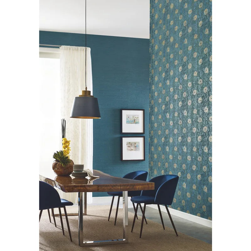 Teal green and gold French Marigold wallpaper with painterly golden flowers and botanical leaves. A sophisticated floral wallcovering for dining rooms, bedrooms, living rooms, entryways, powder rooms, and elegant statement walls.