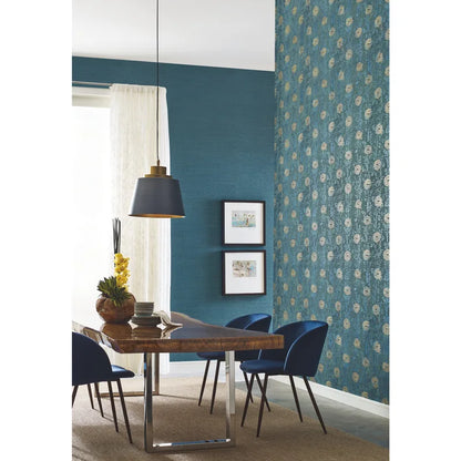 Teal green and gold French Marigold wallpaper with painterly golden flowers and botanical leaves. A sophisticated floral wallcovering for dining rooms, bedrooms, living rooms, entryways, powder rooms, and elegant statement walls.