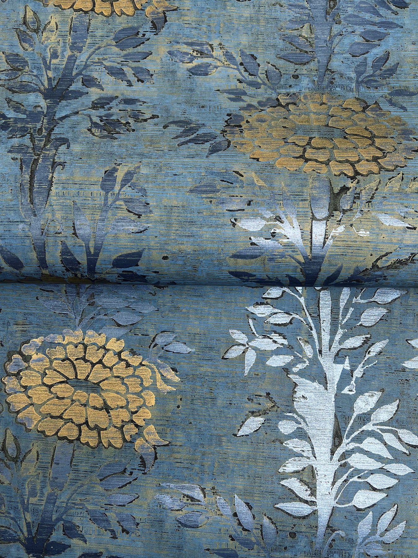 York Wallcoverings Tea Garden French Marigold Denim and Gold Wallpaper Eclectic Florals Blues  Wallpaper - AF6520
