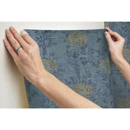 York Wallcoverings Tea Garden French Marigold Denim and Gold Wallpaper Eclectic Florals Blues  Wallpaper - AF6520