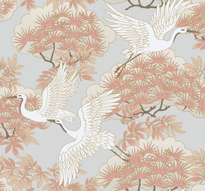 York Wallcoverings Tea Garden II Sprig and Heron Coral Wallpaper Traditional Botanical Greys  Wallpaper - AF6590