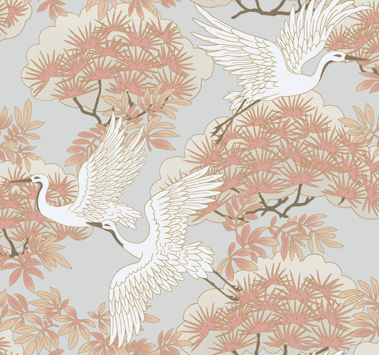 York Wallcoverings Tea Garden II Sprig and Heron Coral Wallpaper Traditional Botanical Greys  Wallpaper - AF6590
