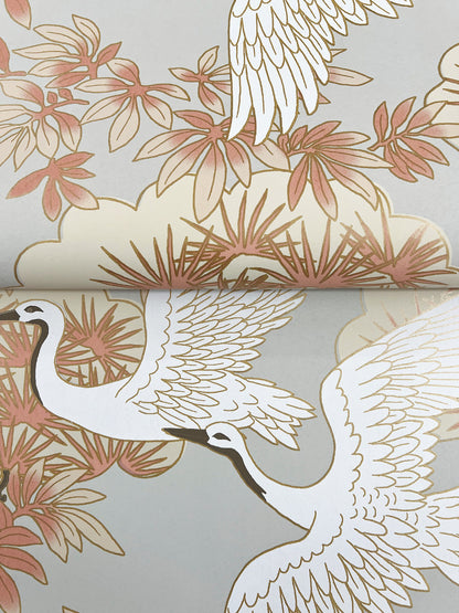 York Wallcoverings Tea Garden II Sprig and Heron Coral Wallpaper Traditional Botanical Greys  Wallpaper - AF6590