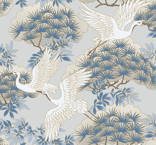 York Wallcoverings Tea Garden Sprig and Heron Light Blue Wallpaper Traditional Botanical Blues  Wallpaper - AF6591