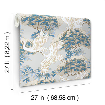 York Wallcoverings Tea Garden Sprig and Heron Light Blue Wallpaper Traditional Botanical Blues  Wallpaper - AF6591