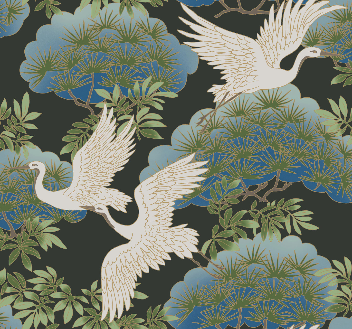 York Wallcoverings Tea Garden Sprig and Heron Black Wallpaper Traditional Botanical Blacks  Wallpaper - AF6593