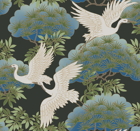 York Wallcoverings Tea Garden Sprig and Heron Black Wallpaper Traditional Botanical Blacks  Wallpaper - AF6593