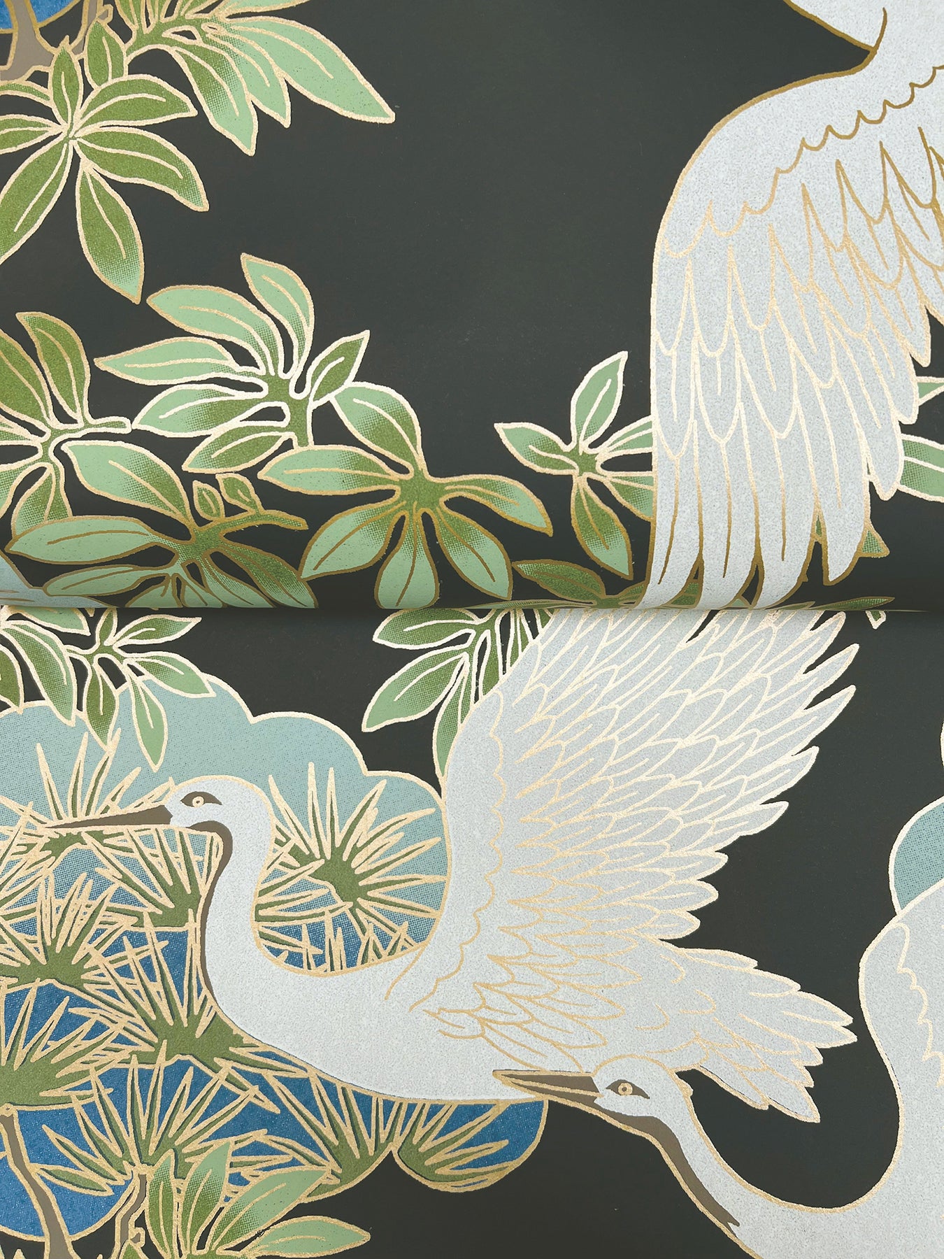 York Wallcoverings Tea Garden Sprig and Heron Black Wallpaper Traditional Botanical Blacks  Wallpaper - AF6593