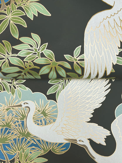 York Wallcoverings Tea Garden Sprig and Heron Black Wallpaper Traditional Botanical Blacks  Wallpaper - AF6593