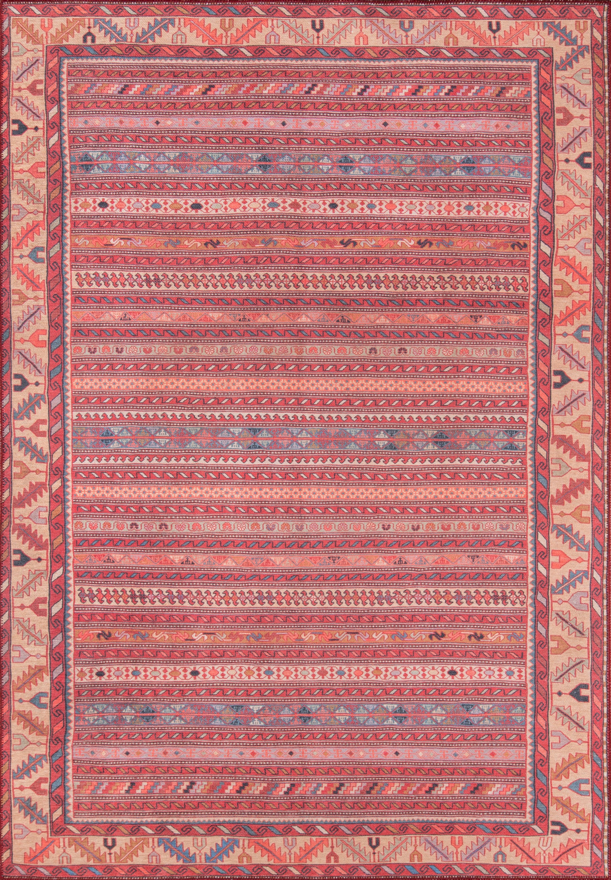Pink kilim rug with red-orange stripes, blue geometric motifs and a patterned outer border.