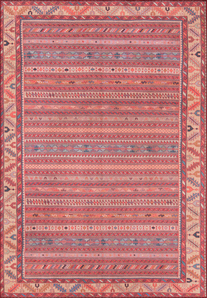 Pink kilim rug with red-orange stripes, blue geometric motifs and a patterned outer border.