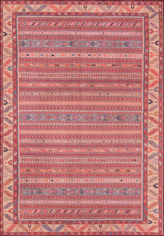 Pink and red striped kilim rug with geometric motifs and peach border; wool, rectangular floor covering for living room.