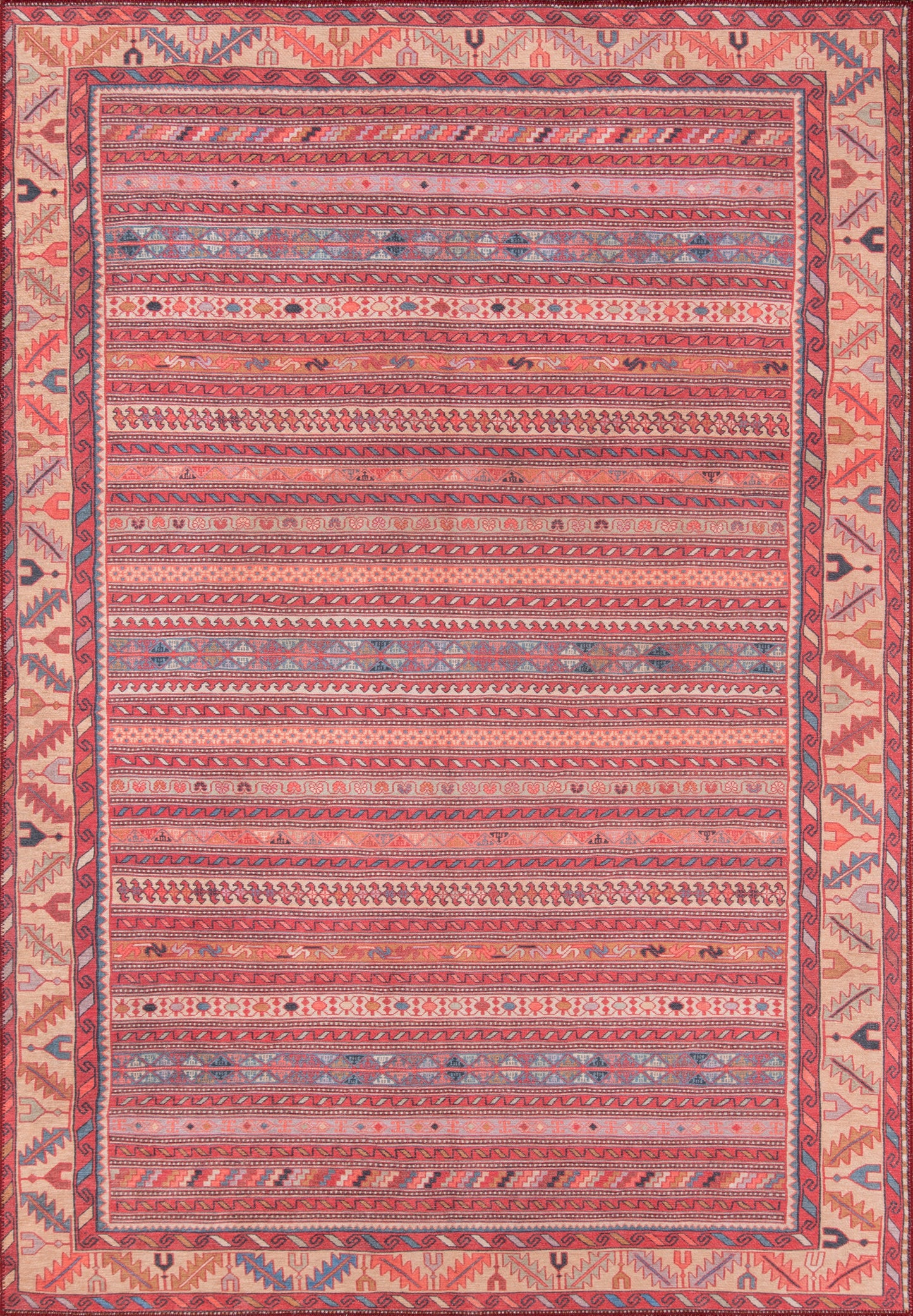 Afshar kilim rug in pink coral tones with blue accents, horizontal stripe motifs and geometric peach border; woven wool