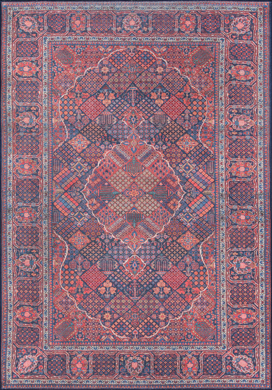 Rectangular Persian-style rug with red, navy and ivory tones; central diamond medallion, lattice panels, and floral border.