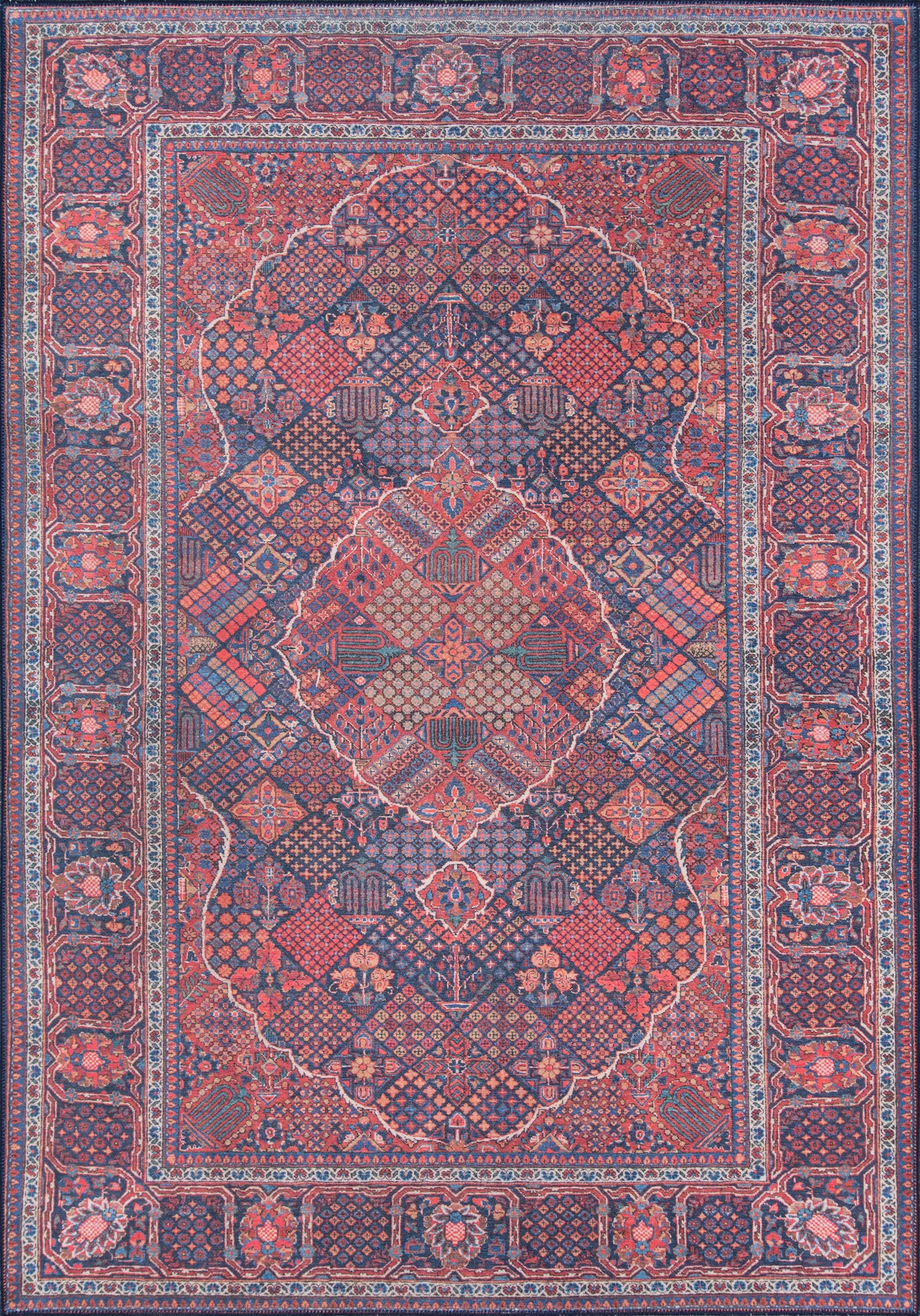 Rectangular Persian-style rug in navy and red with central diamond medallion, lattice motifs and floral borders.