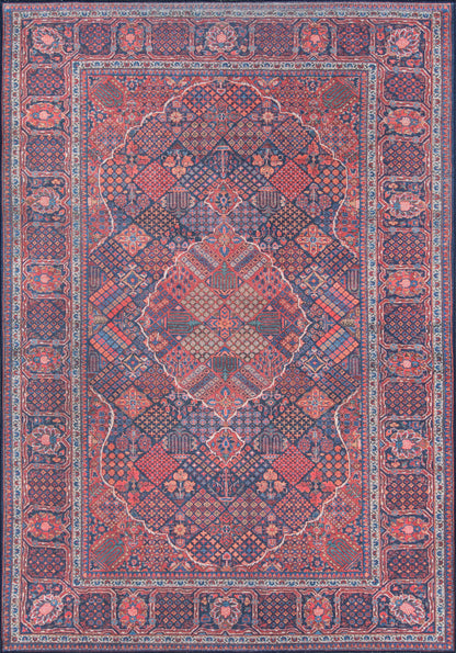 Rectangular oriental rug in red & navy with diamond lattice center, floral motifs, and decorative multi-border.